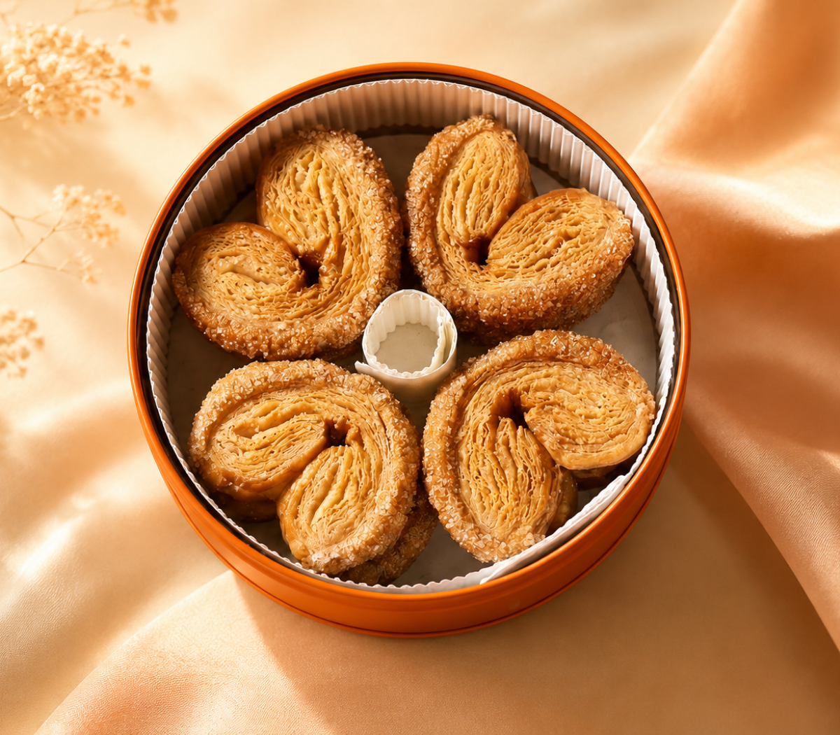 光嶼製菓蜜糖蝴蝶酥圓鐵盒尺寸直徑16.8公分高6.8公分